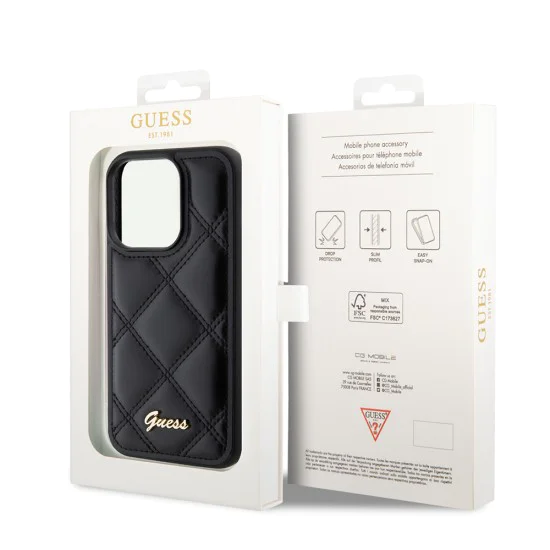 Калъф за iPhone 15 Pro Max - Guess Quilted Metal Logo (GUHCP15XPSQSQQSK) - Черен