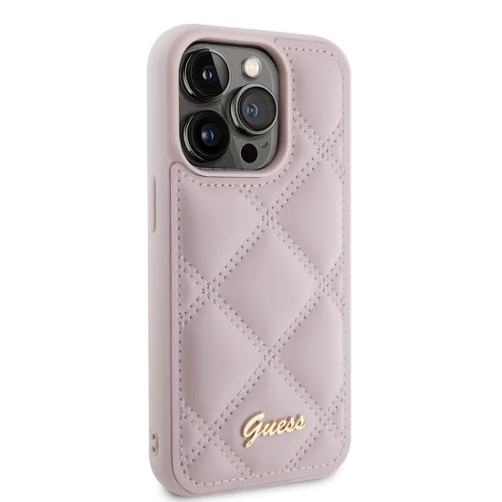 Калъф за iPhone 15 Pro - Guess Quilted Metal Logo (GUHCP15LPSQQSQSP) - Розов