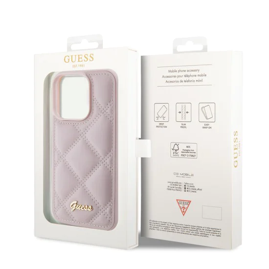 Калъф за iPhone 15 Pro - Guess Quilted Metal Logo (GUHCP15LPSQQSQSP) - Розов