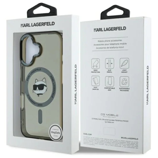 Калъф за iPhone 16 Plus - Karl Lagerfeld IML MagSafe (KLHMP16MHLSCHK) - Metal Choupette`s Head