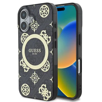 Калъф за iPhone 16 - Guess IML Peony On 4G Background MagSafe (GUHMP16SH4PYEEK) - Черен