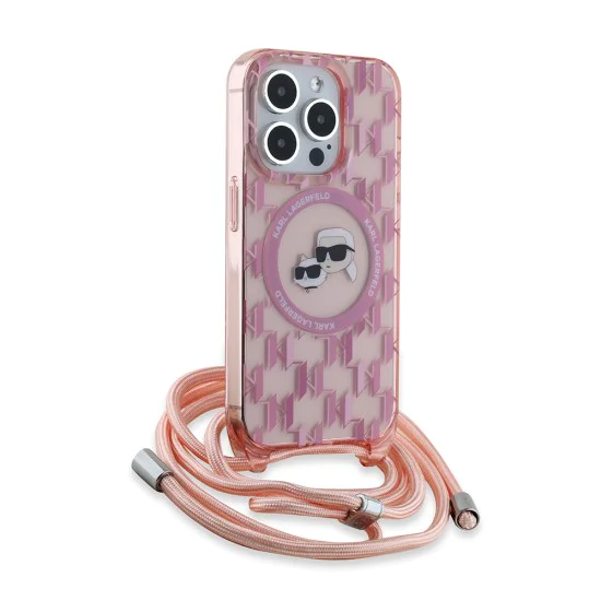 Калъф за iPhone 15 Pro - Karl Lagerfeld IML Crossbody MagSafe (KLHMP15LHCKCKCKCKLCP) - розов монограм Karl&Choupette Head