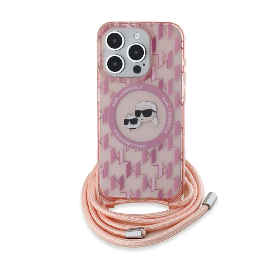 Калъф за iPhone 15 Pro - Karl Lagerfeld IML Crossbody MagSafe (KLHMP15LHCKCKCKCKLCP) - розов монограм Karl&Choupette Head