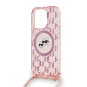 Калъф за iPhone 15 Pro - Karl Lagerfeld IML Crossbody MagSafe (KLHMP15LHCKCKCKCKLCP) - розов монограм Karl&Choupette Head