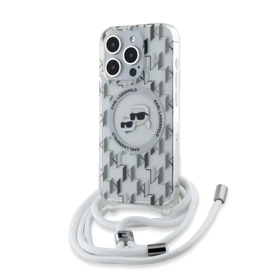Калъф за iPhone 15 Pro - Karl Lagerfeld IML Crossbody MagSafe (KLHMP15LHHCKCKCKLCT) - Прозрачен монограм Karl&Choupette Head