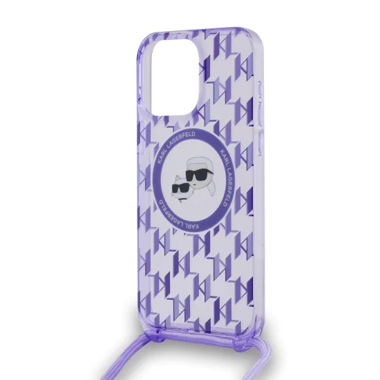 Калъф за iPhone 15 Pro - Karl Lagerfeld IML Crossbody MagSafe (KLHMP15LHCKCKCKCKLCU) - лилав монограм Karl&Choupette Head