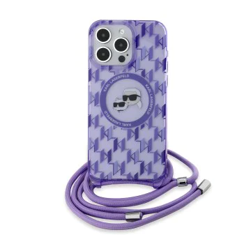 Калъф за iPhone 15 Pro - Karl Lagerfeld IML Crossbody MagSafe (KLHMP15LHCKCKCKCKLCU) - лилав монограм Karl&Choupette Head