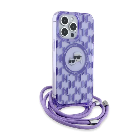 Калъф за iPhone 15 Pro - Karl Lagerfeld IML Crossbody MagSafe (KLHMP15LHCKCKCKCKLCU) - лилав монограм Karl&Choupette Head