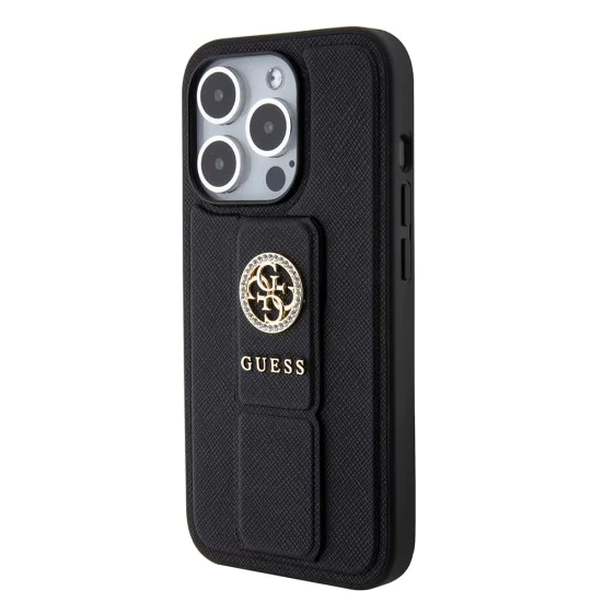 Калъф за iPhone 15 Pro Max - Guess Grip Stand 4G Saffiano Rhinestone Saffiano (GUHCP15XPGPGSSADK) - черен