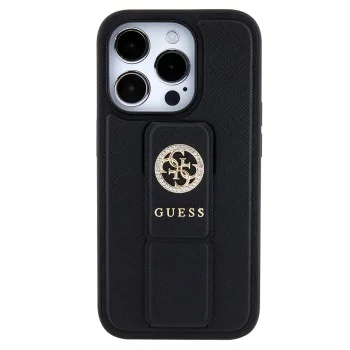 Калъф за iPhone 15 Pro Max - Guess Grip Stand 4G Saffiano Rhinestone Saffiano (GUHCP15XPGPGSSADK) - черен