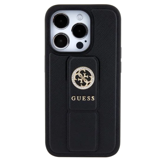 Калъф за iPhone 15 Pro Max - Guess Grip Stand 4G Saffiano Rhinestone Saffiano (GUHCP15XPGPGSSADK) - черен