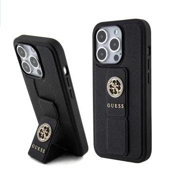 Калъф за iPhone 15 Pro Max - Guess Grip Stand 4G Saffiano Rhinestone Saffiano (GUHCP15XPGPGSSADK) - черен