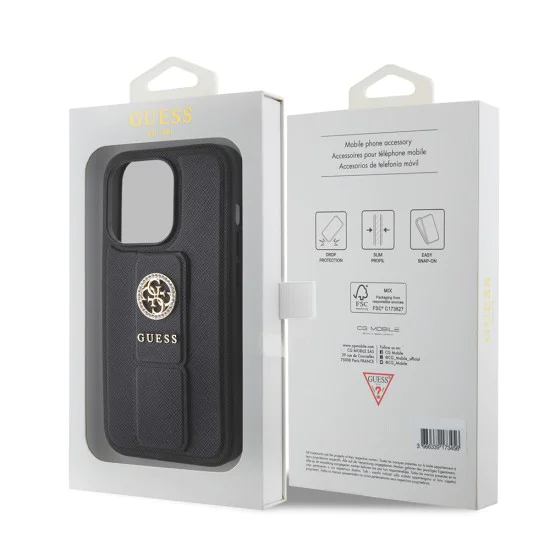 Калъф за iPhone 15 Pro Max - Guess Grip Stand 4G Saffiano Rhinestone Saffiano (GUHCP15XPGPGSSADK) - черен