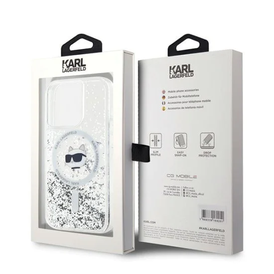 Калъф за iPhone 15 Pro Max - Karl Lagerfeld Liquid Glitter MagSafe (KLHMP15XLGCHSGH) - Transparent Choupette Head