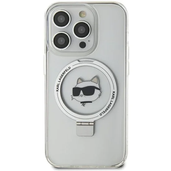 Калъф за iPhone 15 Pro Max - Karl Lagerfeld Hardcase Ring Stand MagSafe (KLHMP15XHHMRSCHH) - White Choupette Head