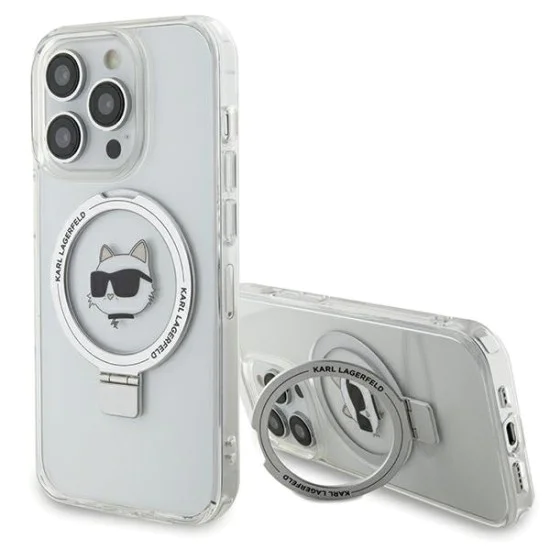 Калъф за iPhone 15 Pro Max - Karl Lagerfeld Hardcase Ring Stand MagSafe (KLHMP15XHHMRSCHH) - White Choupette Head