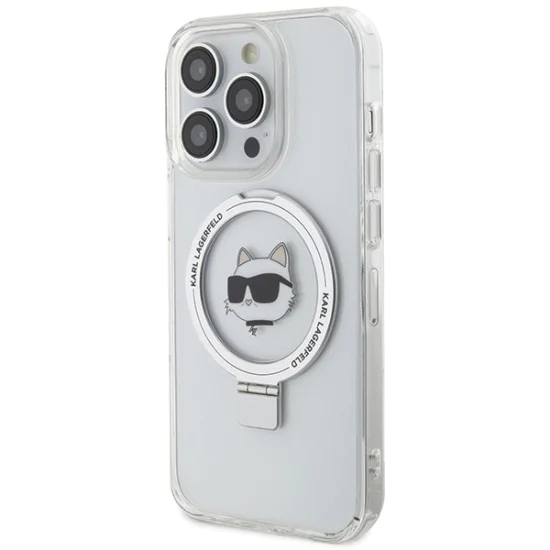Калъф за iPhone 15 Pro Max - Karl Lagerfeld Hardcase Ring Stand MagSafe (KLHMP15XHHMRSCHH) - White Choupette Head