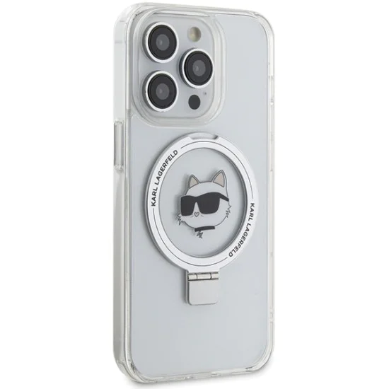 Калъф за iPhone 15 Pro Max - Karl Lagerfeld Hardcase Ring Stand MagSafe (KLHMP15XHHMRSCHH) - White Choupette Head