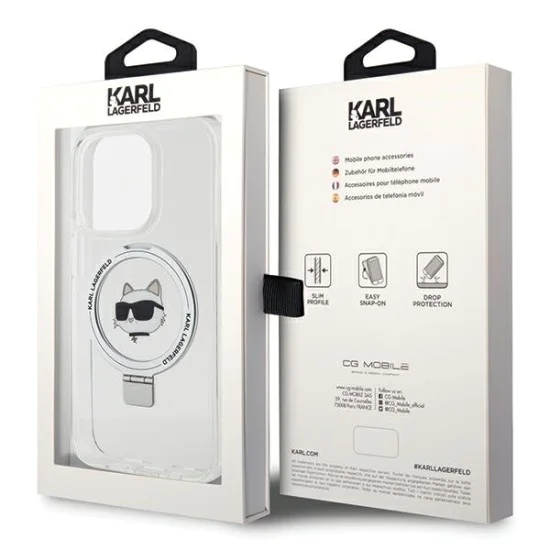 Калъф за iPhone 15 Pro Max - Karl Lagerfeld Hardcase Ring Stand MagSafe (KLHMP15XHHMRSCHH) - White Choupette Head