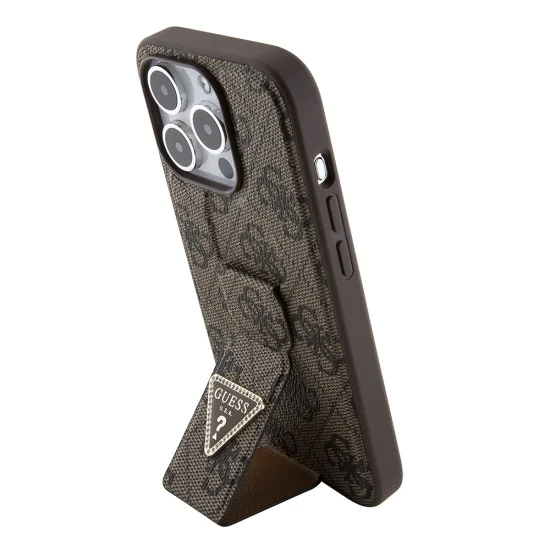 Калъф за iPhone 15 Pro - Guess Grip Stand 4G Triangle Triangle Strass (GUHCP15LPGS4TDW) - кафяв
