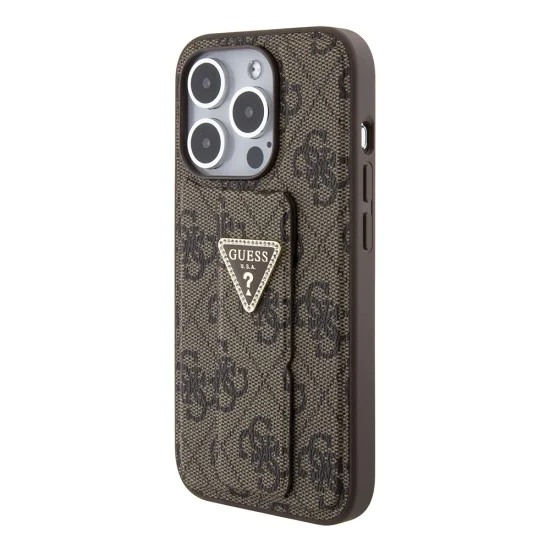 Калъф за iPhone 15 Pro - Guess Grip Stand 4G Triangle Triangle Strass (GUHCP15LPGS4TDW) - кафяв