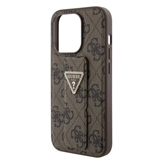 Калъф за iPhone 15 Pro - Guess Grip Stand 4G Triangle Triangle Strass (GUHCP15LPGS4TDW) - кафяв