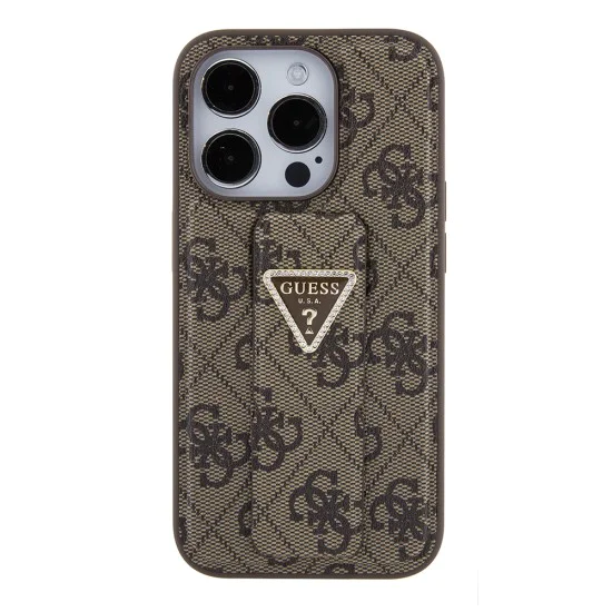 Калъф за iPhone 15 Pro - Guess Grip Stand 4G Triangle Triangle Strass (GUHCP15LPGS4TDW) - кафяв