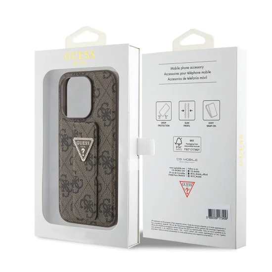 Калъф за iPhone 15 Pro - Guess Grip Stand 4G Triangle Triangle Strass (GUHCP15LPGS4TDW) - кафяв