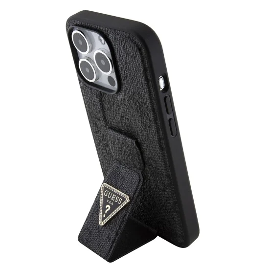 Калъф за iPhone 15 Pro - Guess Grip Stand 4G Triangle Triangle Strass (GUHCP15LPGS4TDK) - Черен