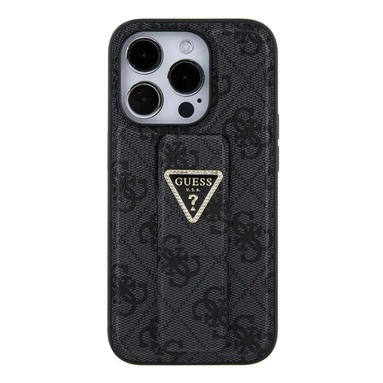 Калъф за iPhone 15 Pro - Guess Grip Stand 4G Triangle Triangle Strass (GUHCP15LPGS4TDK) - Черен