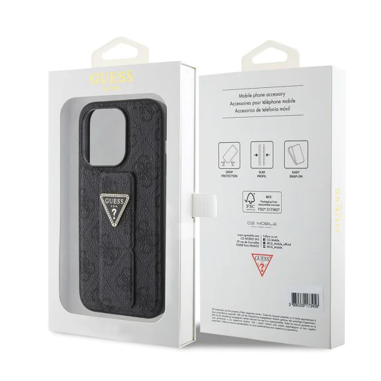 Калъф за iPhone 15 Pro - Guess Grip Stand 4G Triangle Triangle Strass (GUHCP15LPGS4TDK) - Черен