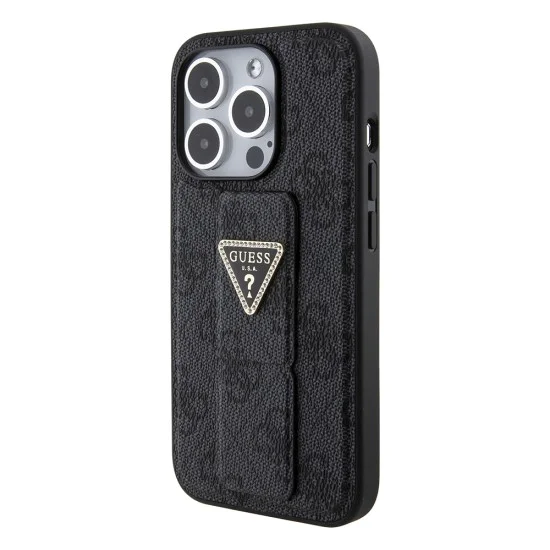 Калъф за iPhone 15 Pro Max - Guess Grip Stand 4G Triangle Triangle Strass (GUHCP15XPGPGS4TDK) - Черен