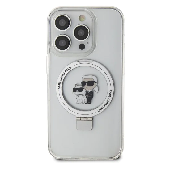 Калъф за iPhone 15 Pro - Karl Lagerfeld Hardcase Ring Stand MagSafe (KLHMP15LHHMMRSKCH) - Бял Karl&Choupette