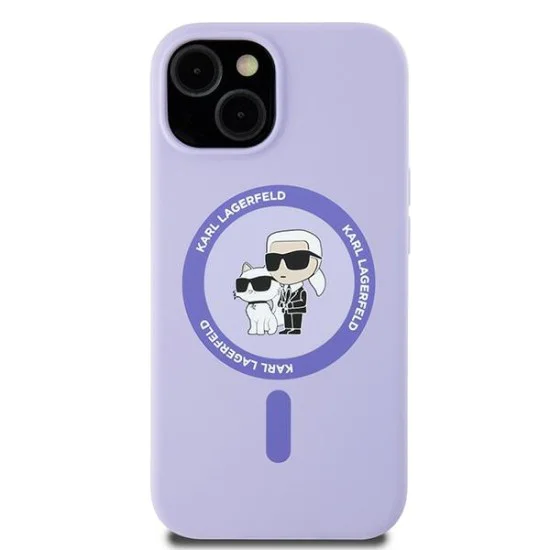 Калъф за iPhone 15 - Karl Lagerfeld Silicone Ring MagSafe (KLHMP15SSCMCMKCRHU) - Purple Karl&Choupette Heads