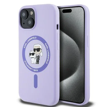 Калъф за iPhone 15 - Karl Lagerfeld Silicone Ring MagSafe (KLHMP15SSCMCMKCRHU) - Purple Karl&Choupette Heads