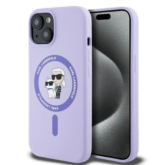 Калъф за iPhone 15 - Karl Lagerfeld Silicone Ring MagSafe (KLHMP15SSCMCMKCRHU) - Purple Karl&Choupette Heads
