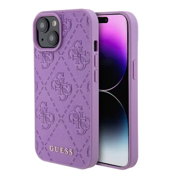 Калъф за iPhone 15 - Guess Leather 4G Stamped (GUHCP15SP4EPMU) - светло лилав