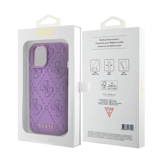 Калъф за iPhone 15 - Guess Leather 4G Stamped (GUHCP15SP4EPMU) - светло лилав