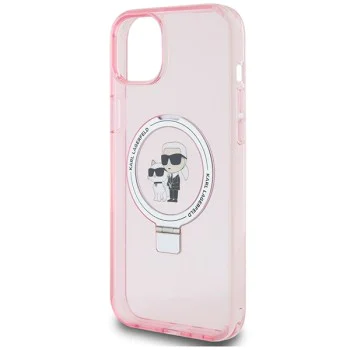 Калъф за iPhone 15 Plus - Karl Lagerfeld Hardcase Ring Stand MagSafe (KLHMP15MHMRSKCP) - Pink Karl&Choupette