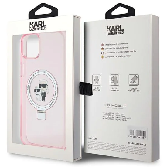 Калъф за iPhone 15 Plus - Karl Lagerfeld Hardcase Ring Stand MagSafe (KLHMP15MHMRSKCP) - Pink Karl&Choupette