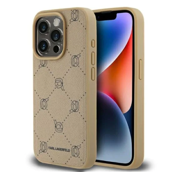 Калъф за IPhone 15 Pro - Karl Lagerfeld Leather MagSafe (KLHMP15LPGKHPHE) - Beige Karl Head