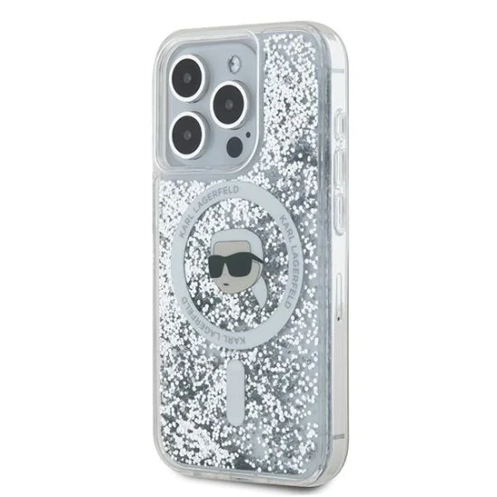 Калъф за iPhone 15 Pro - Karl Lagerfeld Liquid Glitter MagSafe (KLHMP15LLLLGKISGH) - Transparent Karl Head