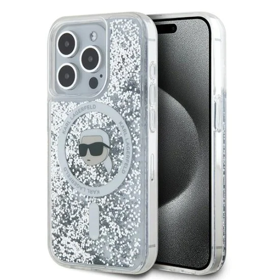 Калъф за iPhone 15 Pro - Karl Lagerfeld Liquid Glitter MagSafe (KLHMP15LLLLGKISGH) - Transparent Karl Head