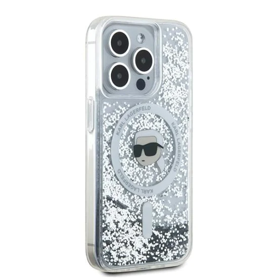 Калъф за iPhone 15 Pro - Karl Lagerfeld Liquid Glitter MagSafe (KLHMP15LLLLGKISGH) - Transparent Karl Head