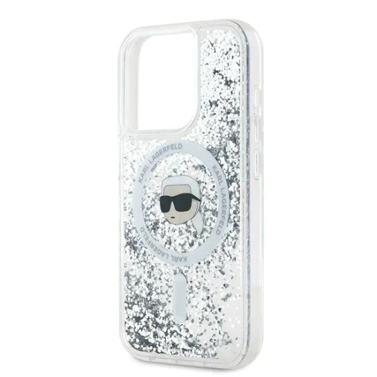 Калъф за iPhone 15 Pro - Karl Lagerfeld Liquid Glitter MagSafe (KLHMP15LLLLGKISGH) - Transparent Karl Head