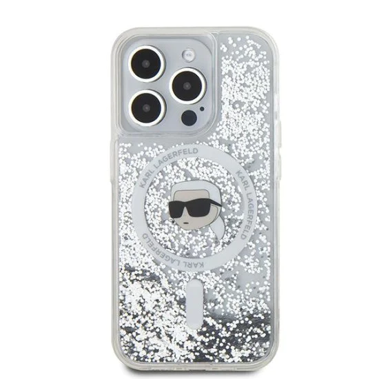 Калъф за iPhone 15 Pro - Karl Lagerfeld Liquid Glitter MagSafe (KLHMP15LLLLGKISGH) - Transparent Karl Head