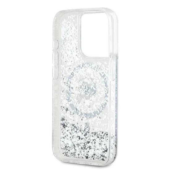 Калъф за iPhone 15 Pro - Karl Lagerfeld Liquid Glitter MagSafe (KLHMP15LLLLGKISGH) - Transparent Karl Head
