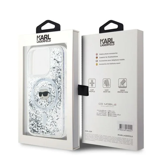 Калъф за iPhone 15 Pro - Karl Lagerfeld Liquid Glitter MagSafe (KLHMP15LLLLGKISGH) - Transparent Karl Head