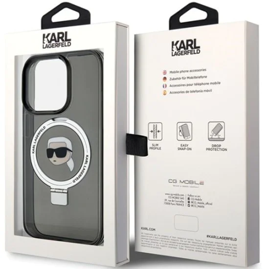 Калъф за iPhone 15 Pro - Karl Lagerfeld Hardcase Ring Stand MagSafe (KLHMP15LHHMRSKKHK) - Karl Head