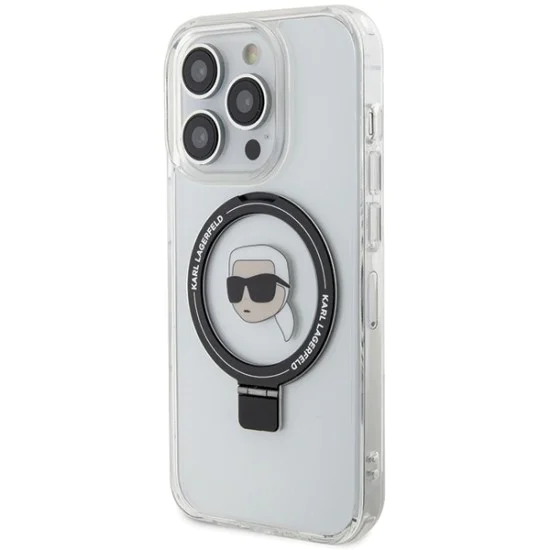 Калъф за iPhone 15 Pro - Karl Lagerfeld Hardcase Ring Stand MagSafe (KLHMP15LHHMMRSKHH) - White Karl Head